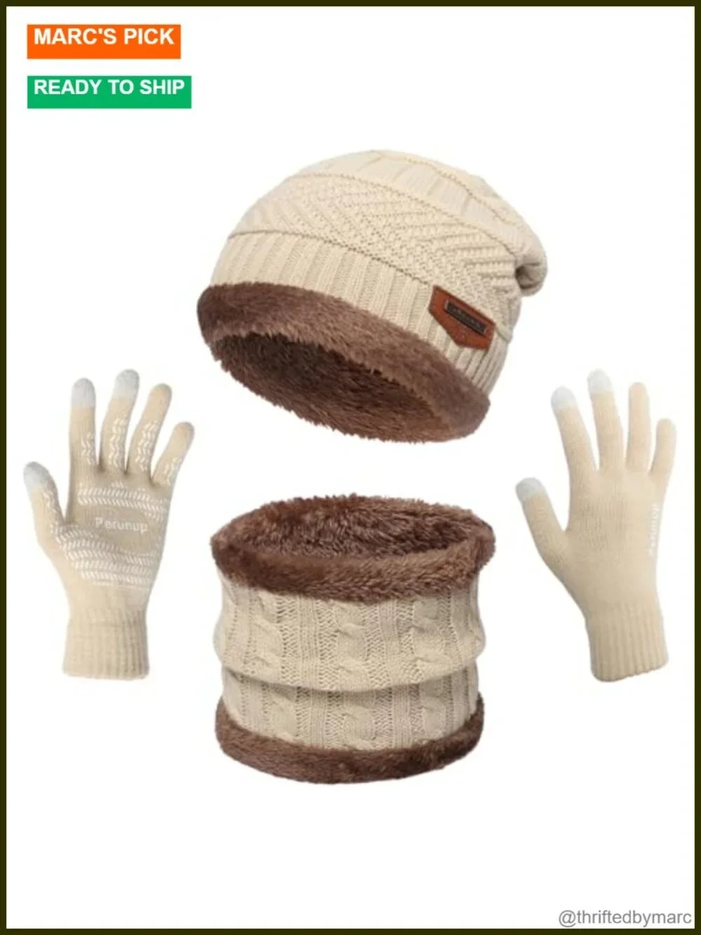 Winter Beanie Hat with Scarf and Touchscreen Gloves Set 3-Piece Fleece Lined